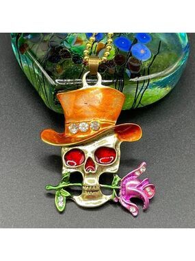 Grinning Skull with Rose and Top Hat Skelton Necklace / Pendant #866 (orange)